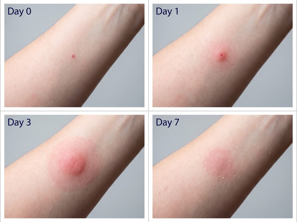 Labeled side-by-side comparison photo showing a small scattered cat flea bite next to a larger lined-up bed bug bite